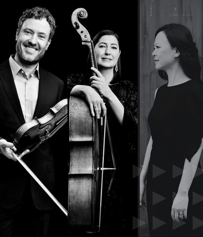 schwarz-weiß Collage, Fotos von drei Musiker:innen, ein Mann mit Geige, eine Frau mit Violoncello, eine Frau ohne Instrument 