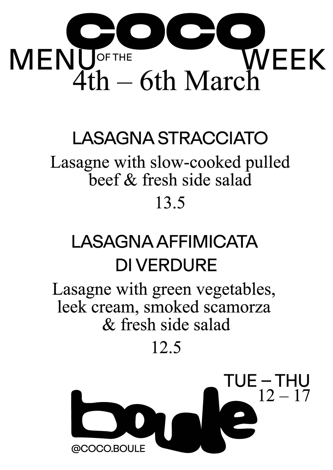 weißes Blatt mit schwarzer Schrift, zwei Tagesgerichte im Coco Boule