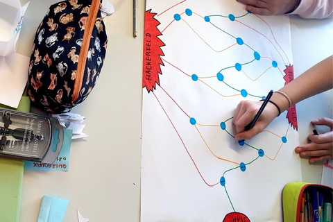 eine Kinderhand zeichnet ein Liniensystem auf ein großes Blatt, unterbrochen bzw. verbunden durch Punkte
