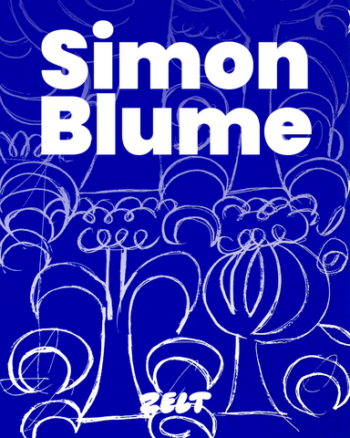 leuchtend blaues Poster mit weißen, organischen Konturen, oben in großen weißen Lettern Simon Blume, unten mittig in fetten, abgerundeten Großbuchstaben ZELT